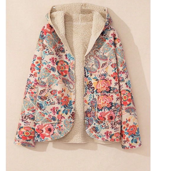 Cozy Floral Print Teddy Lined Pockets jacket Coat - Picture 6 of 10